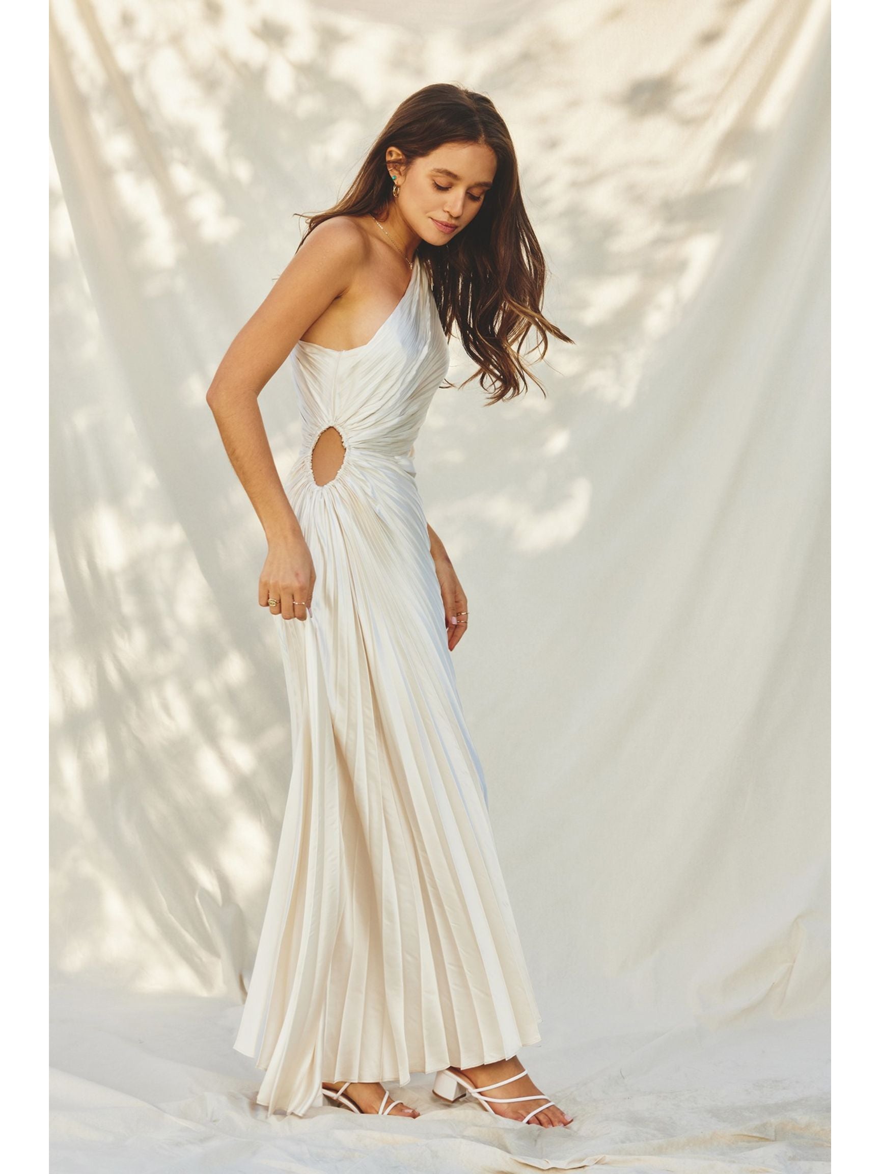 Olympia Asymmetrical Pleated Maxi Dress - Pearl