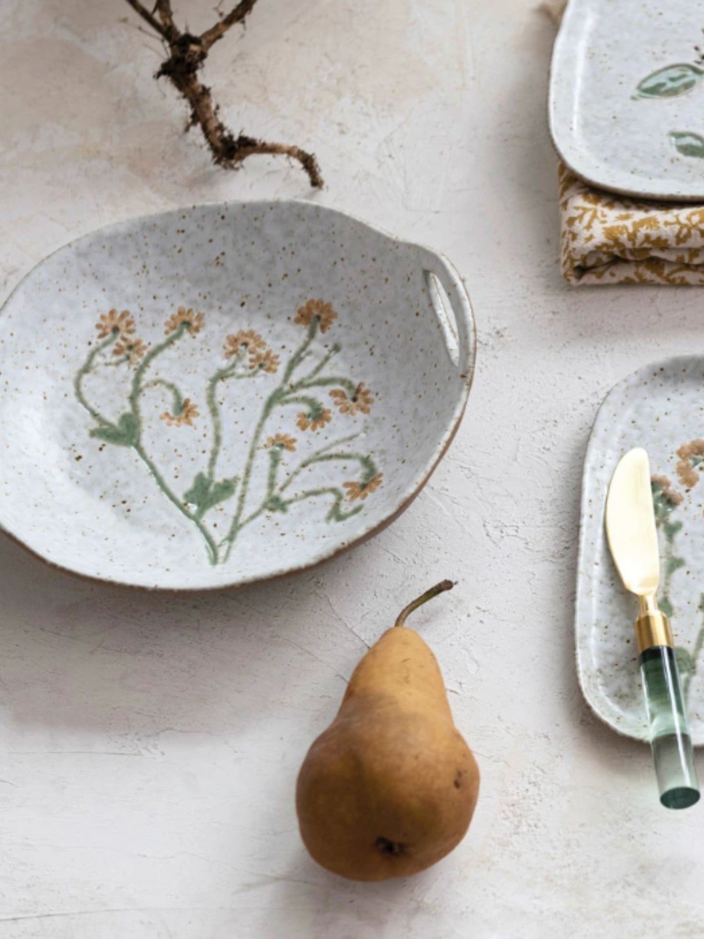 Stoneware Bowl w/ Handles & Botanicals