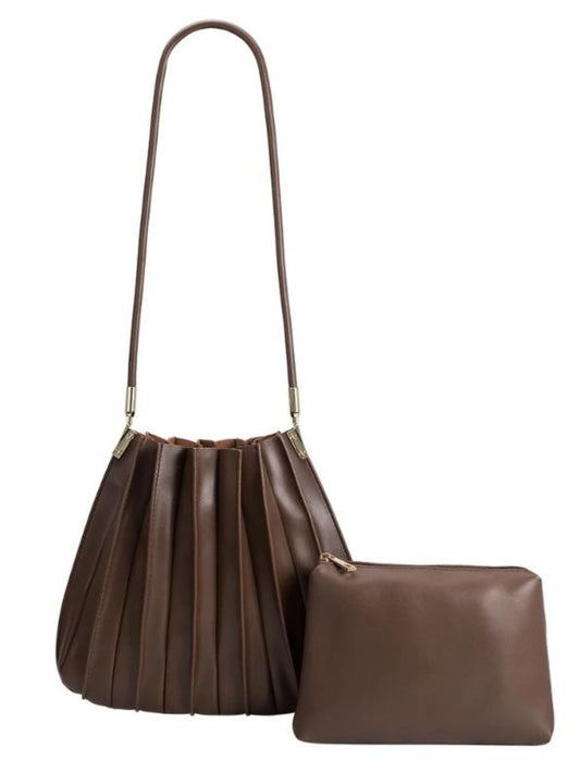 Carrie Pleated Vegan Shoulder Bag - Chocolate