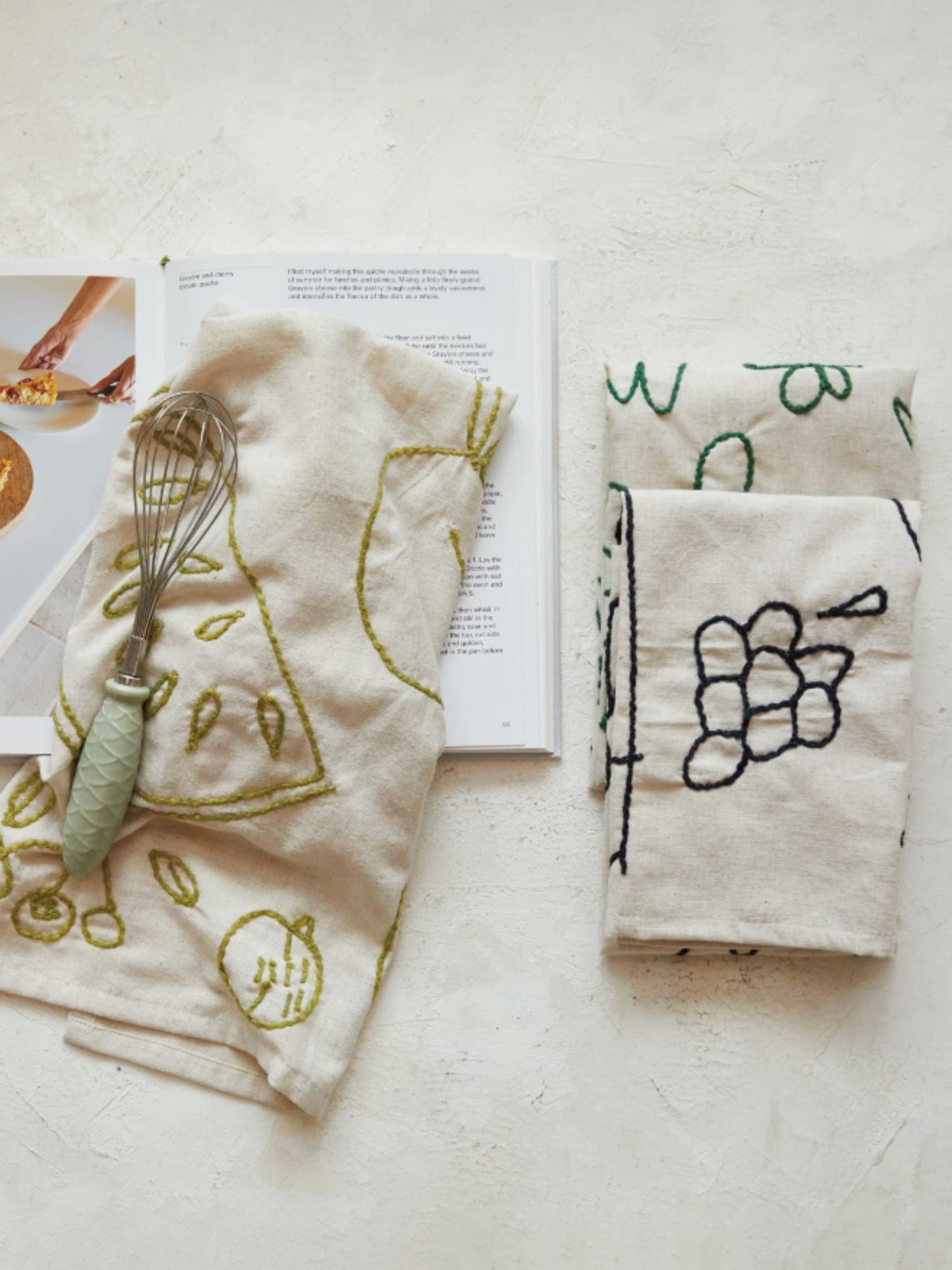 Tea Towel w/ Embroidered Wine/Fruit/Spring Scene