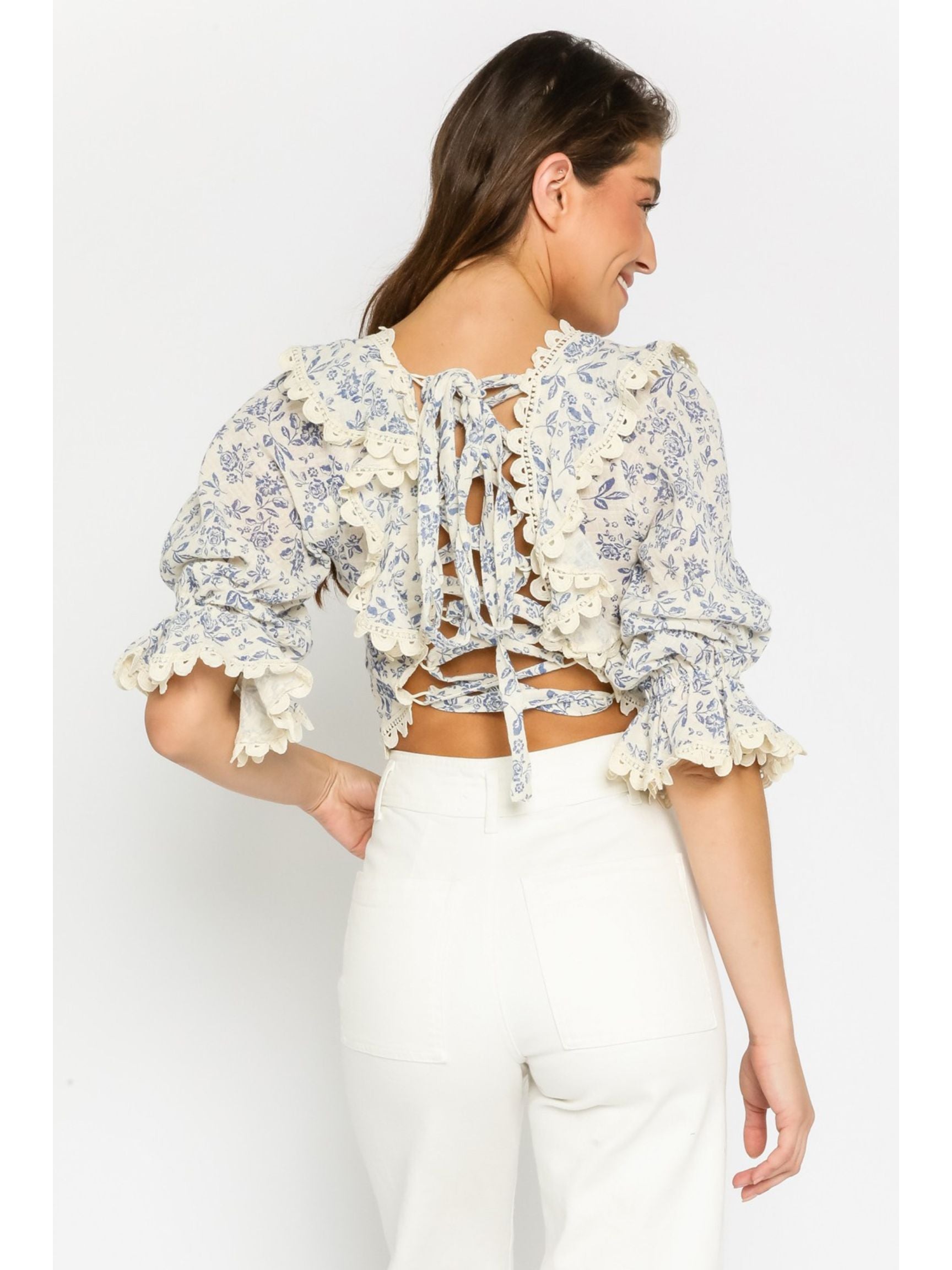 Blue Floral Lace Ruffled Blouse