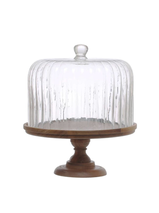 Acacia Wood Pedestal w/ Fluted Glass Cloche (Pick-Up ONLY)