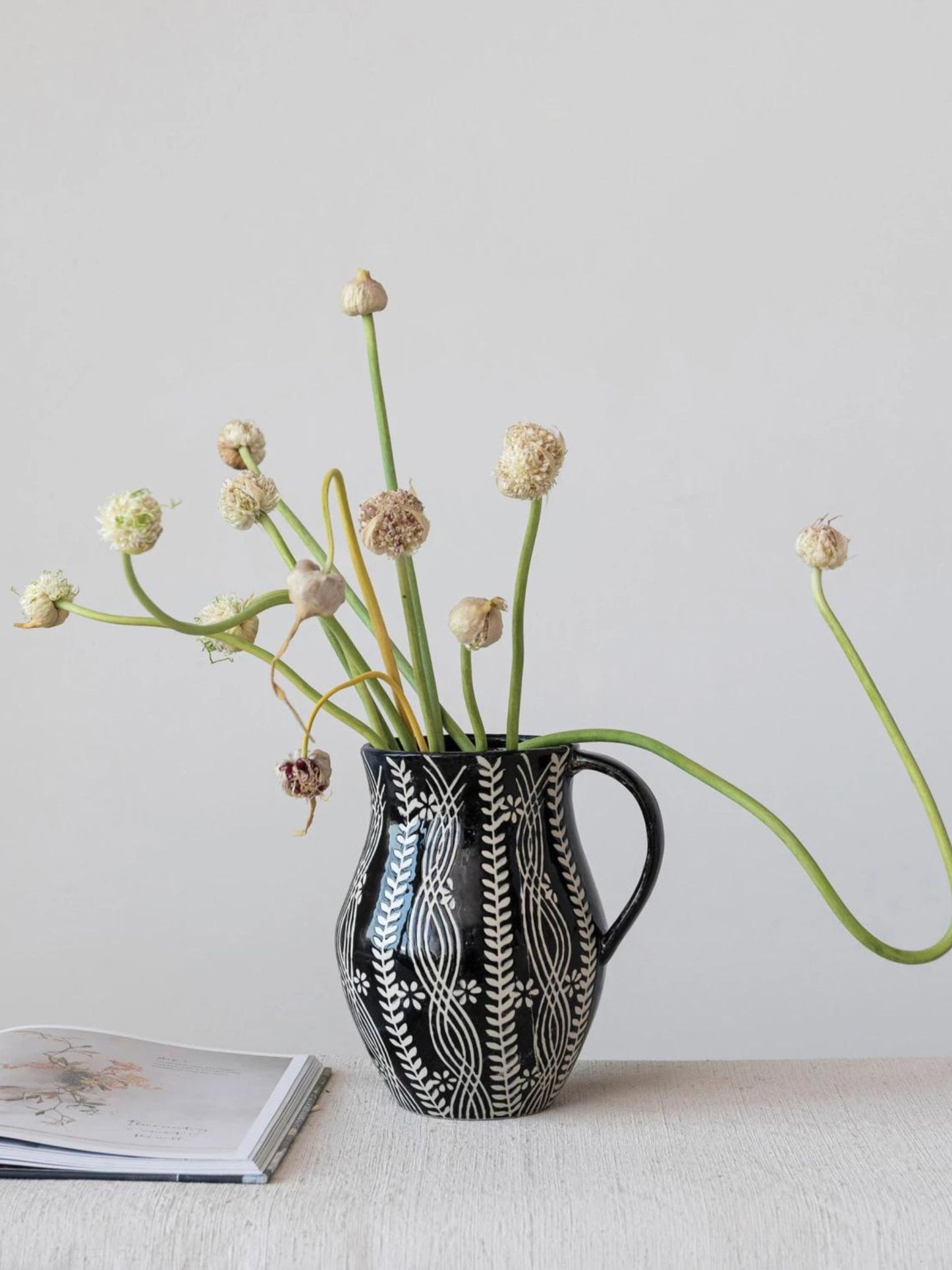 2-1/2 Quart Stoneware Pitcher w/ Wax Relief Floral Pattern