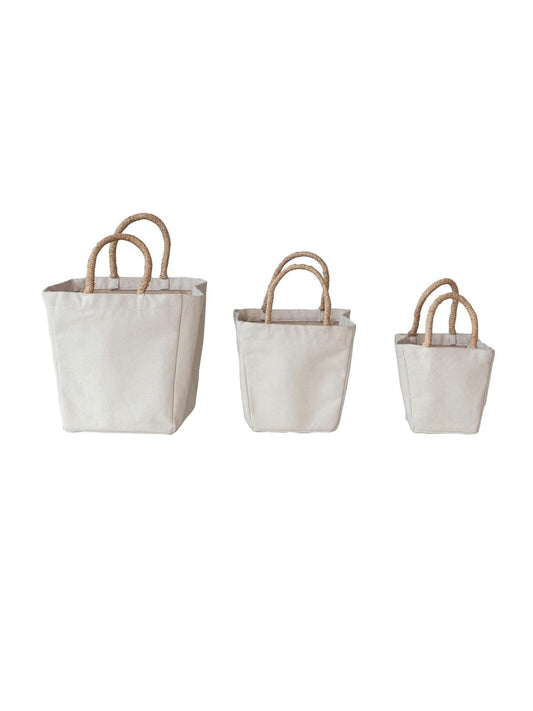 Cotton Canvas Containers w/ Braided Raffia Handles