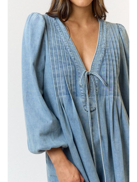 Pleated Front Tie Denim Romper