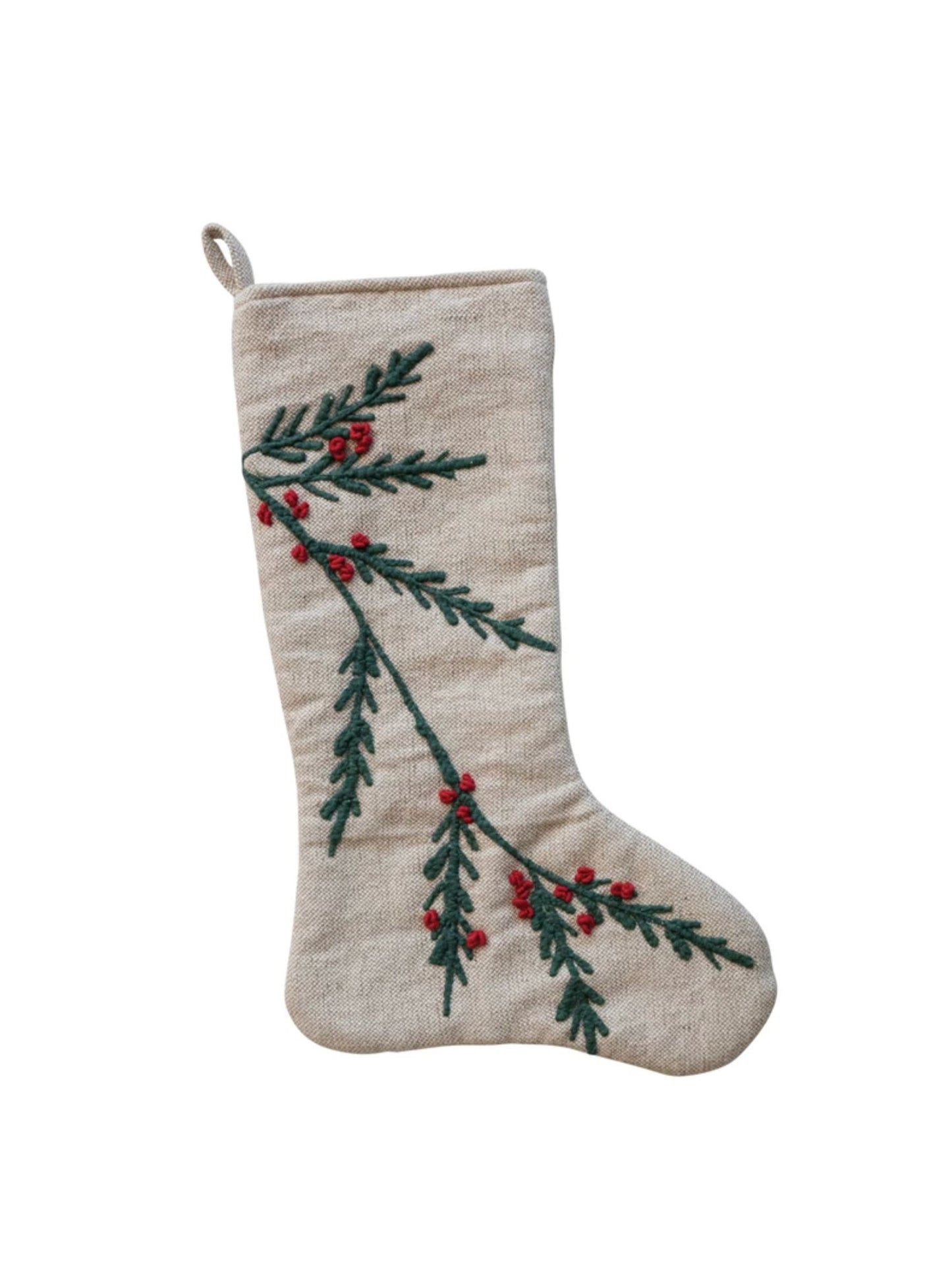 Woven Cotton & Jute Stocking w/ Embroidered Holly & Berries