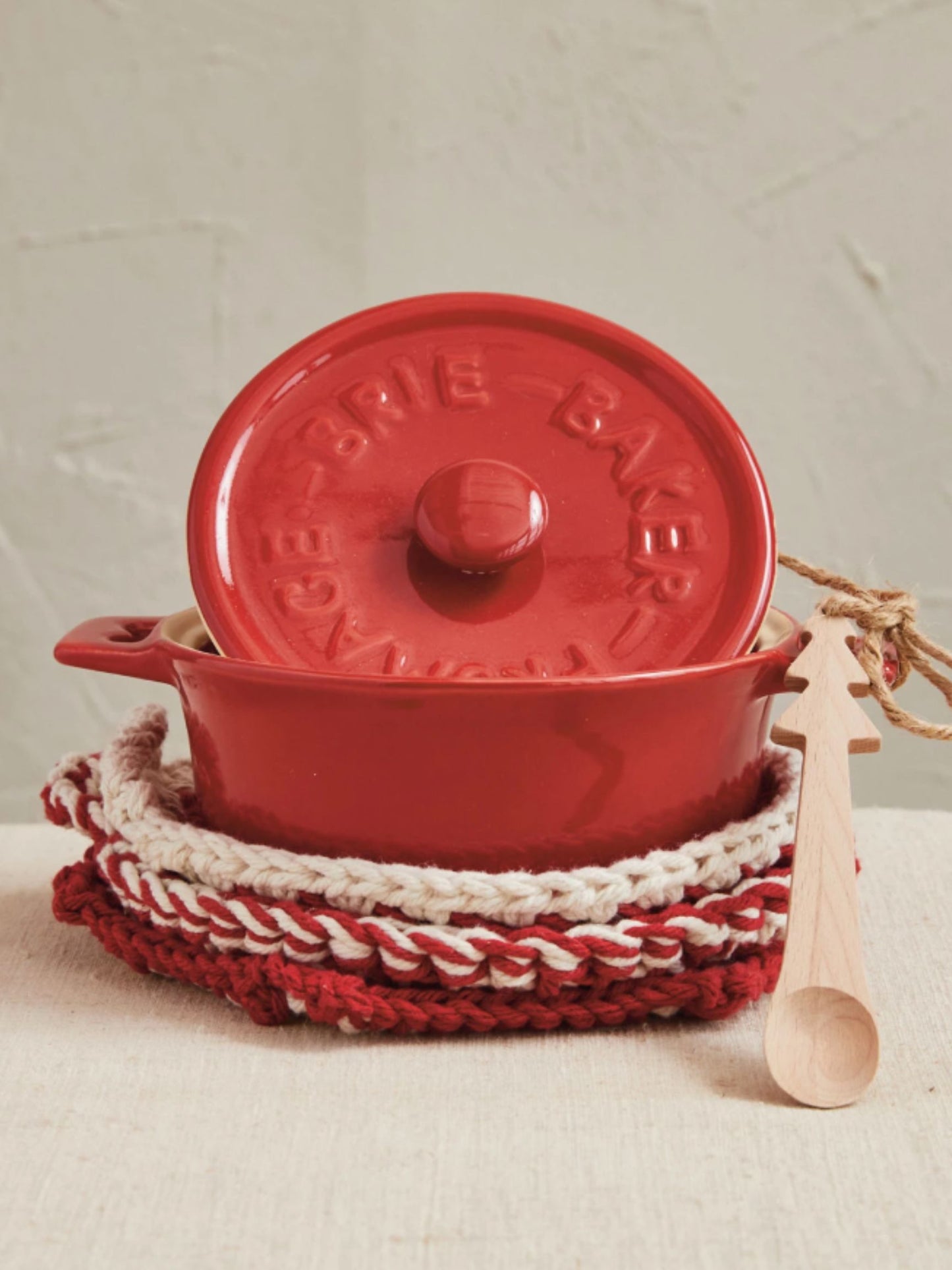 Red Stoneware Brie Baker w/ Wood Tree Shaped Spoon