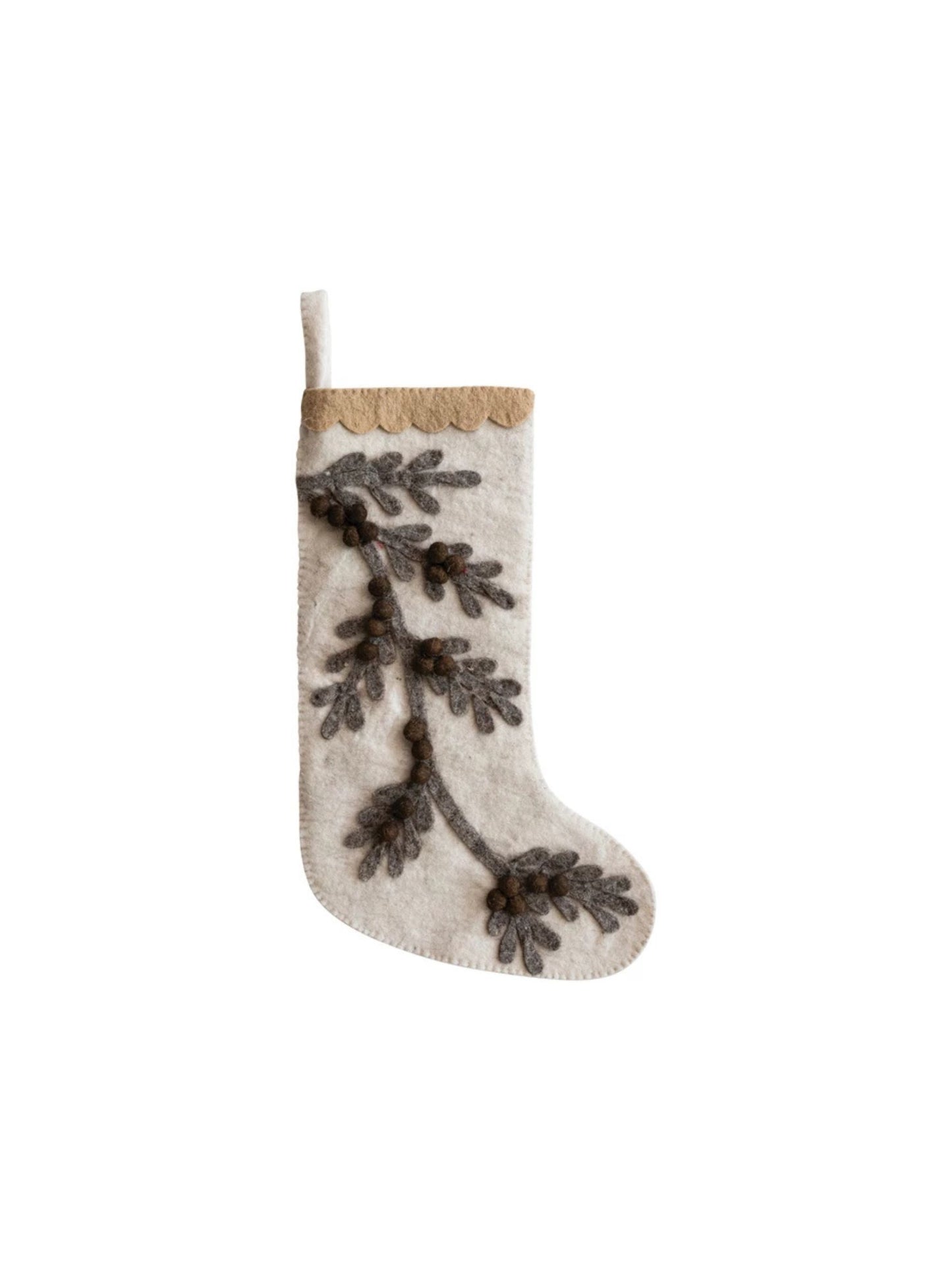 Wool Felt Stocking w/ Appliqued Branch, Pom Poms & Scalloped Trim