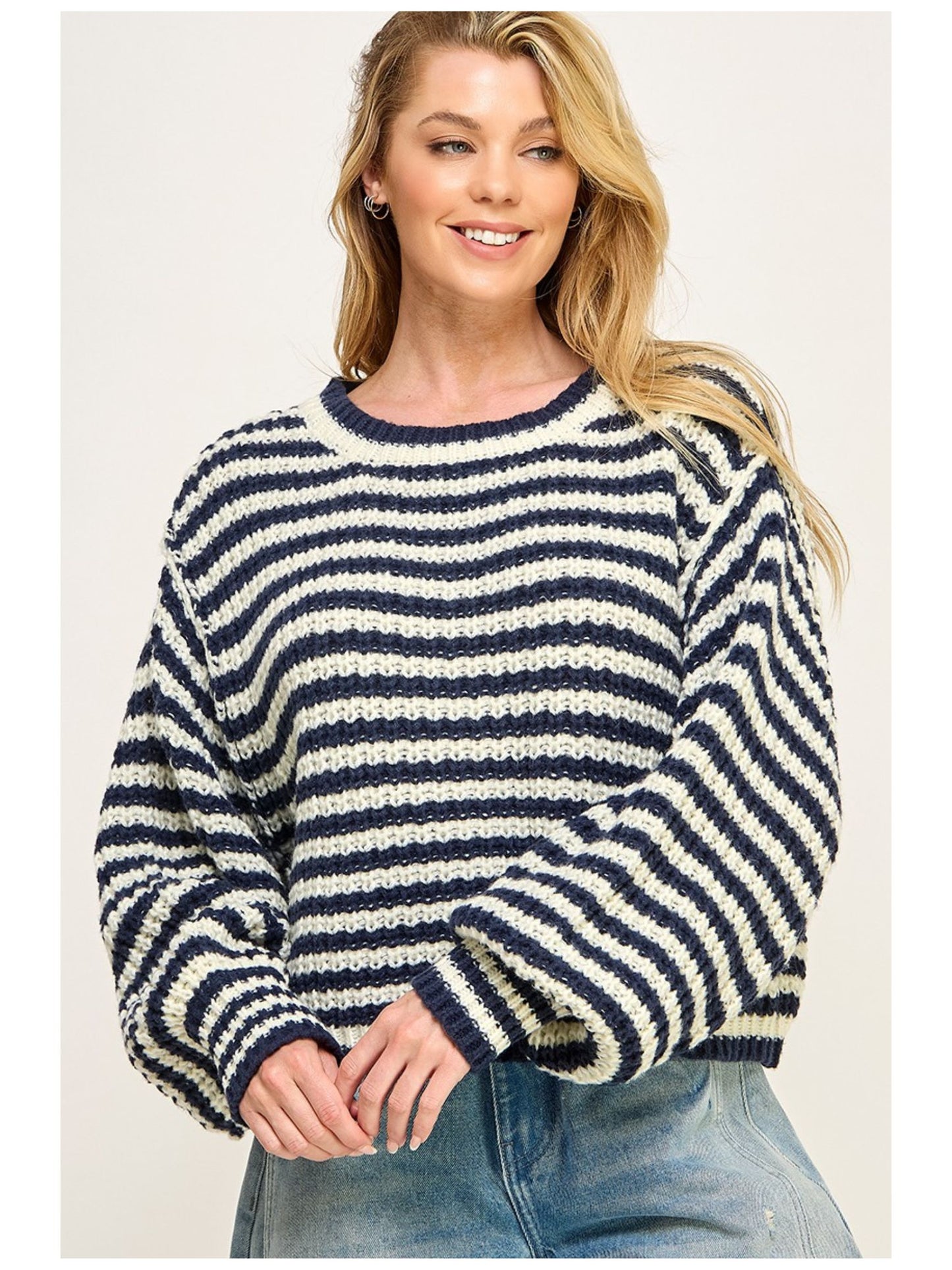 Striped Cropped Knit Sweater - Navy