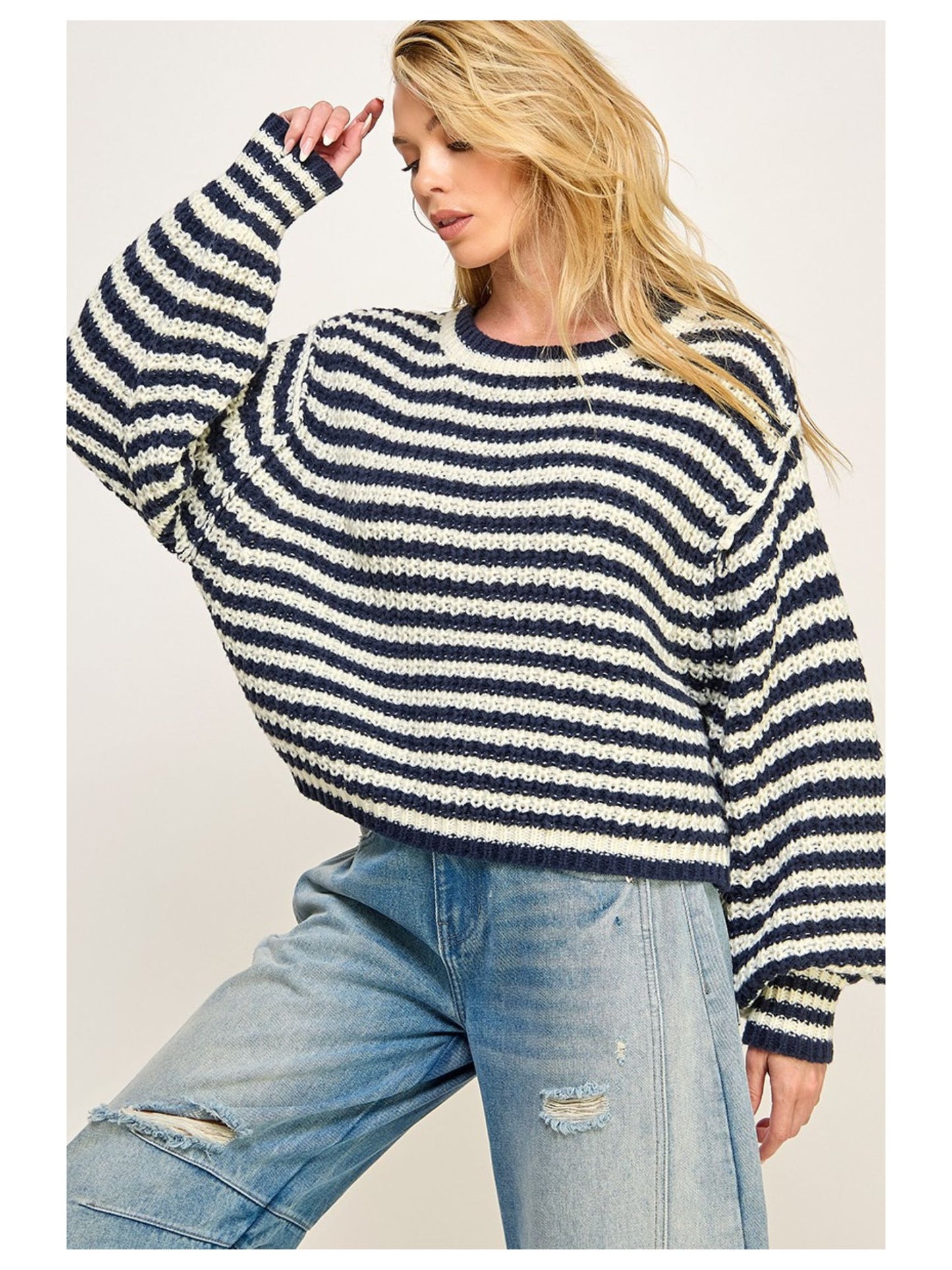 Striped Cropped Knit Sweater - Navy