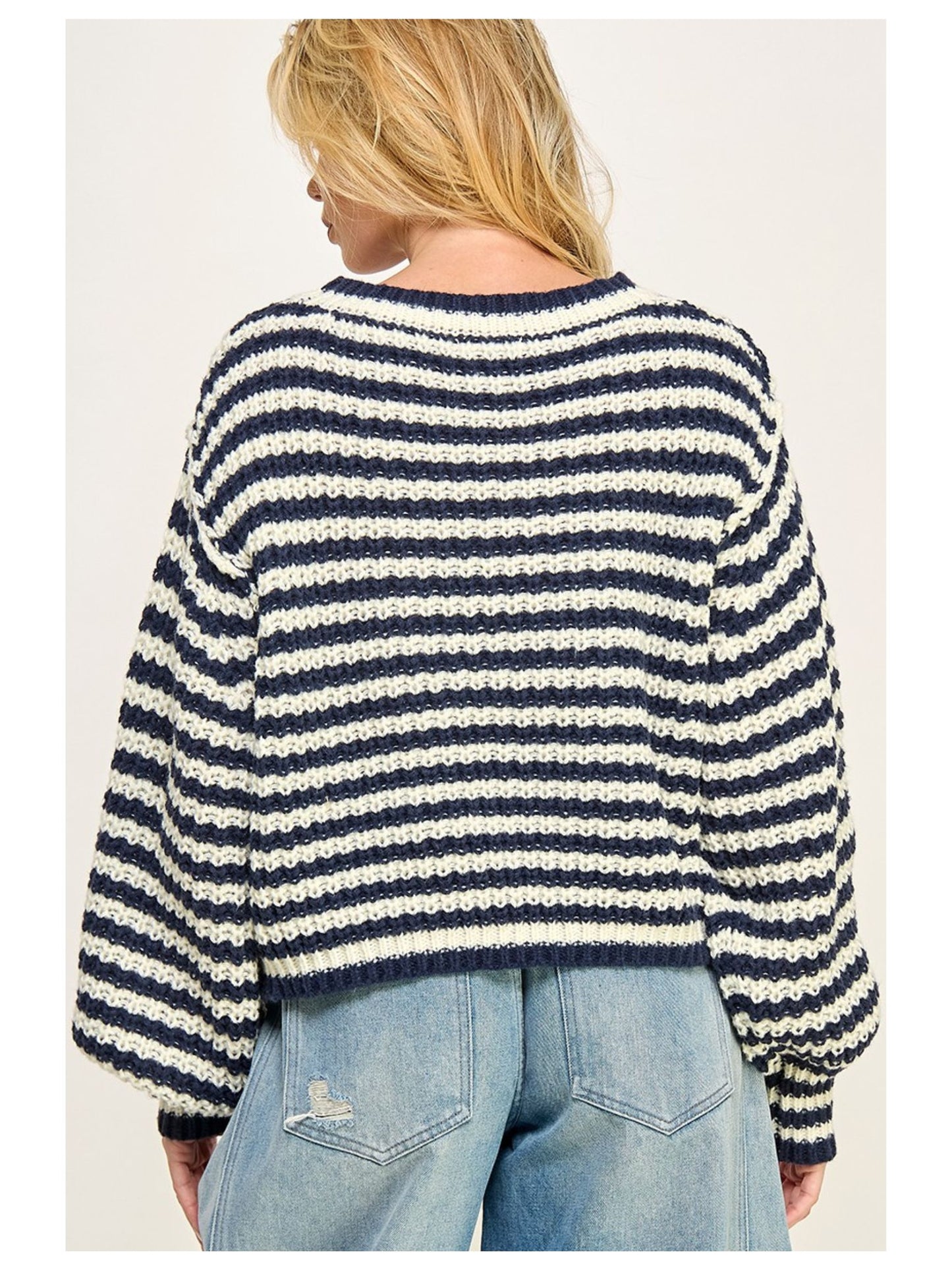 Striped Cropped Knit Sweater - Navy