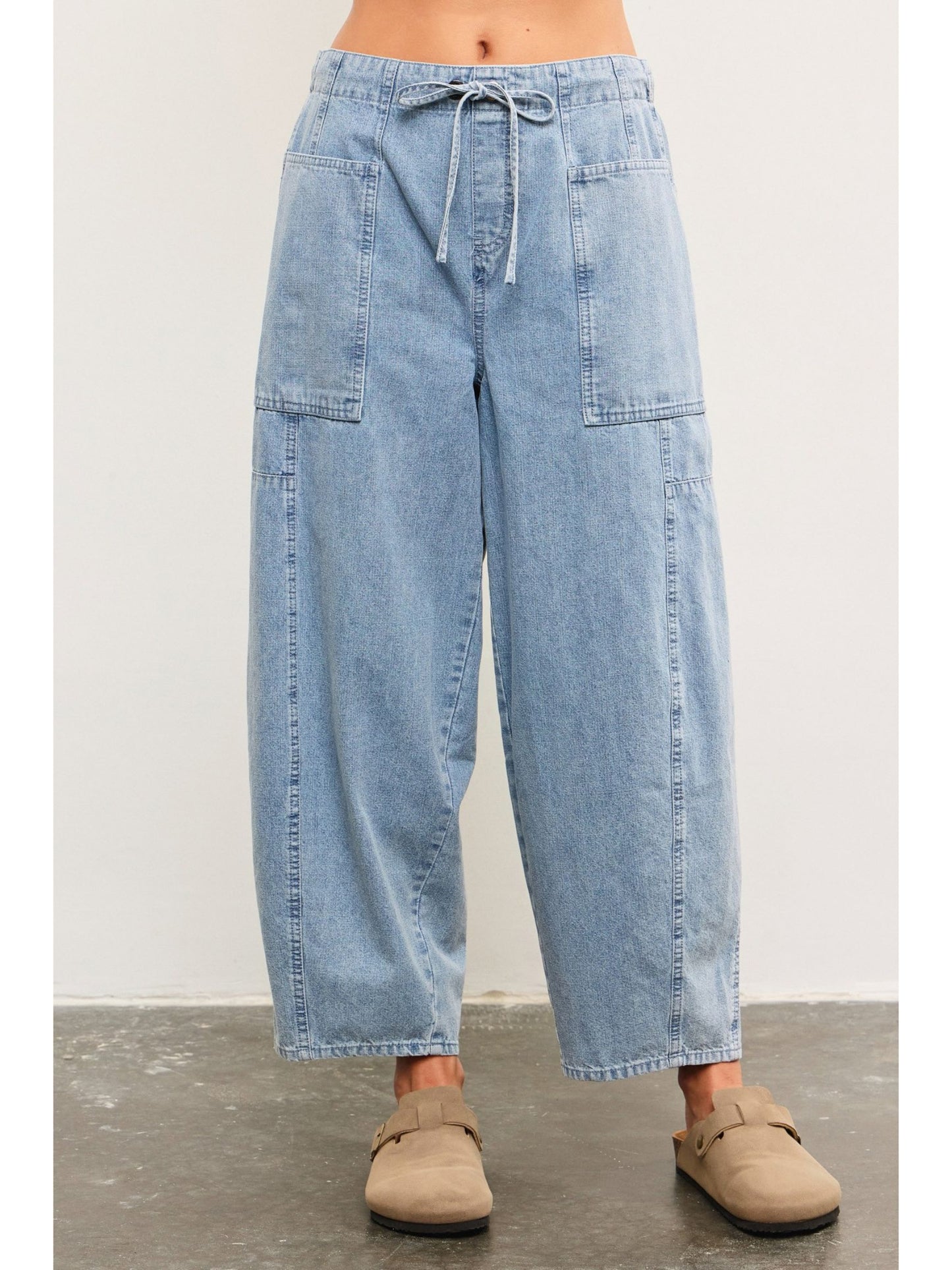 Tied Front Side Seam Denim Balloon Pants