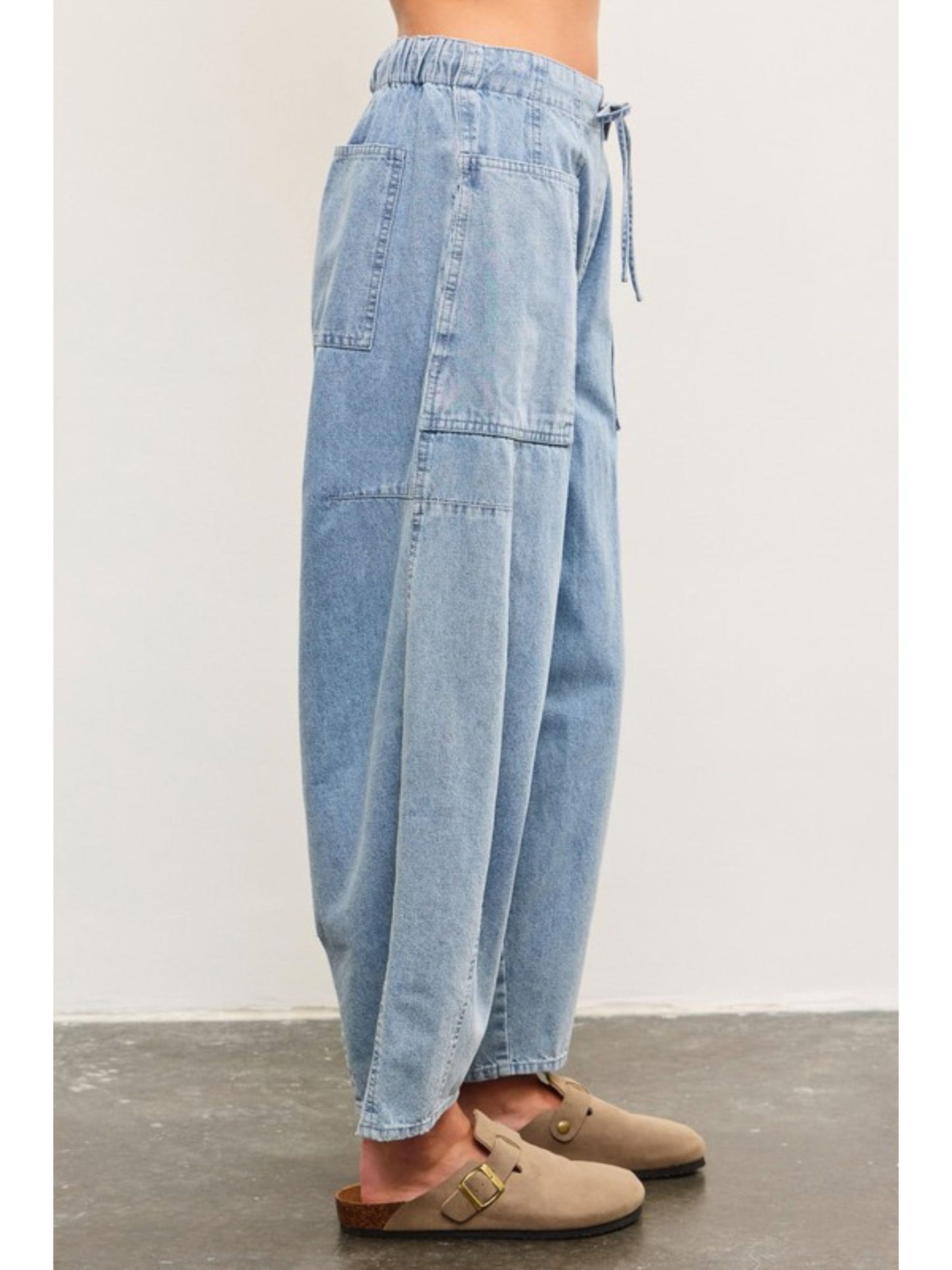 Tied Front Side Seam Denim Balloon Pants