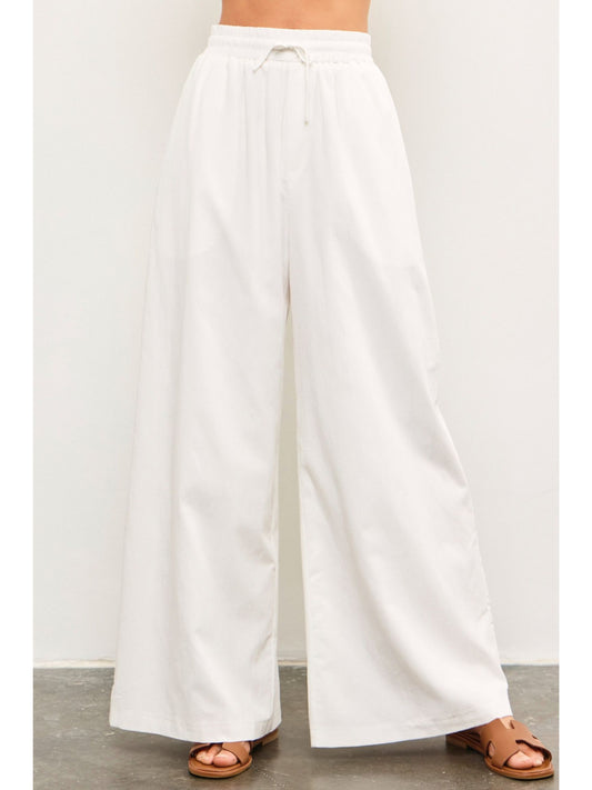 White Banded Waist Wide Leg Bottoms