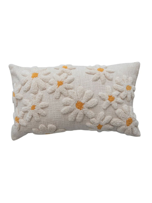 Cotton Slub Lumbar Pillow with Tufted Flowers