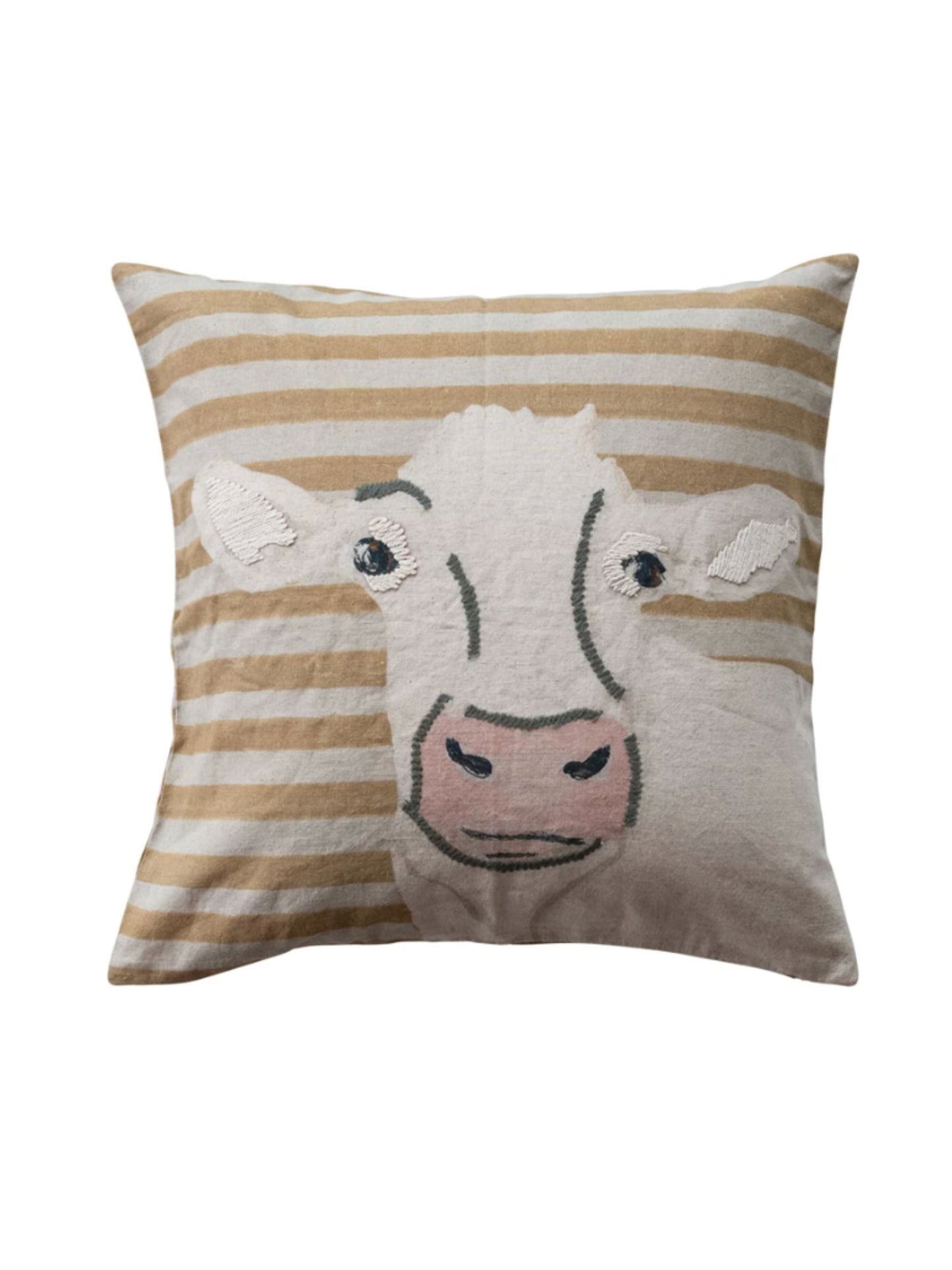 Square Cotton & Linen Pillow with Cow Image & Embroidery