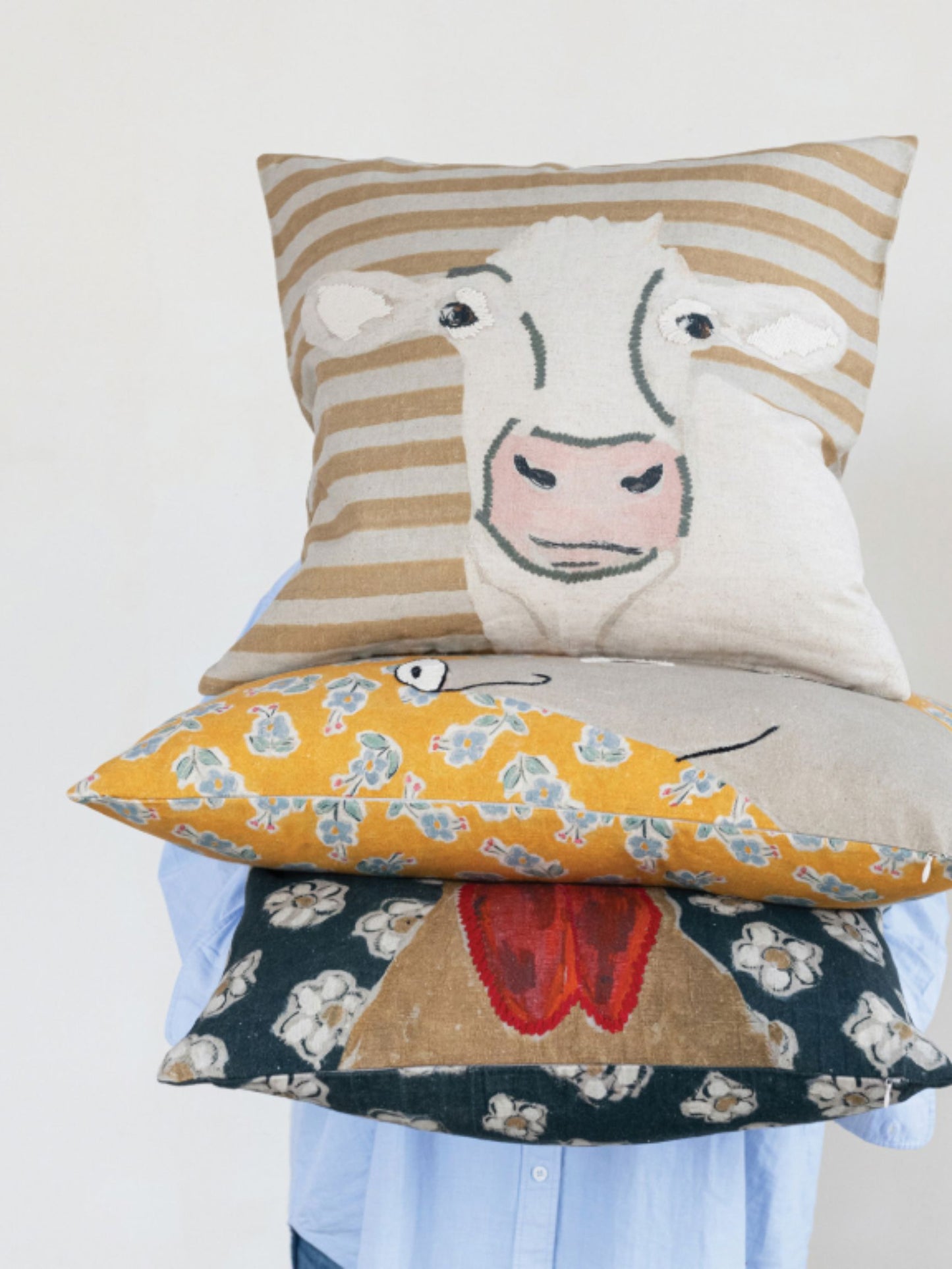 Square Cotton & Linen Pillow with Cow Image & Embroidery