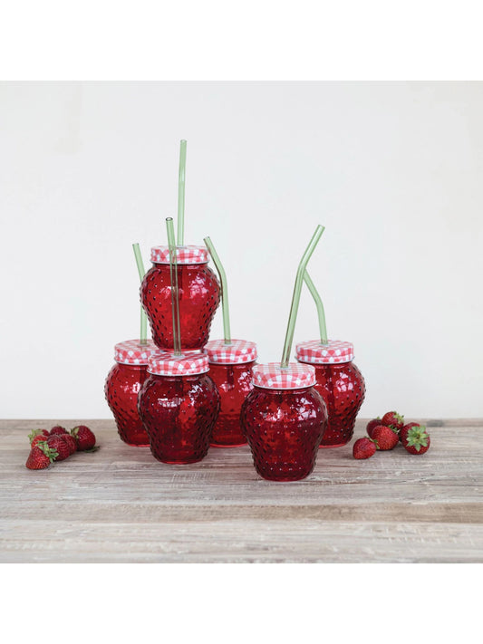 16 oz. Strawberry Shaped Glass with Lid & Glass Straw