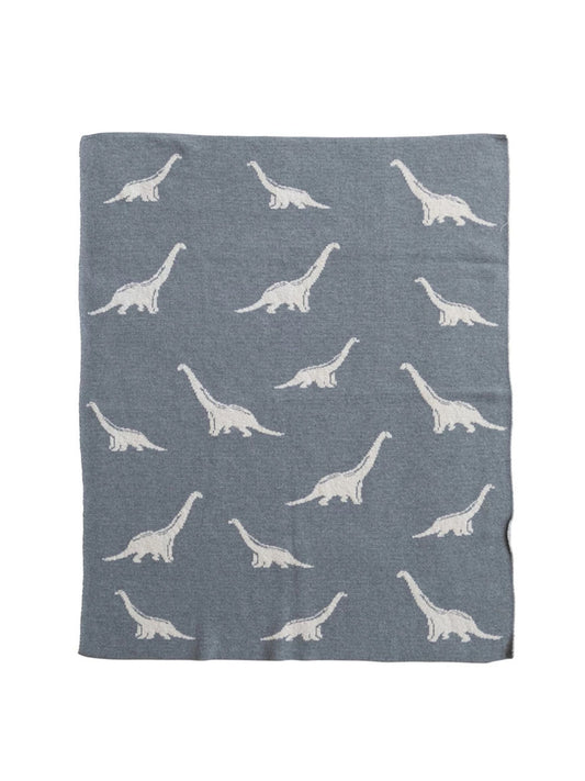 Cotton Knit Baby Blanket with Dinosaurs, Light Grey & Natural