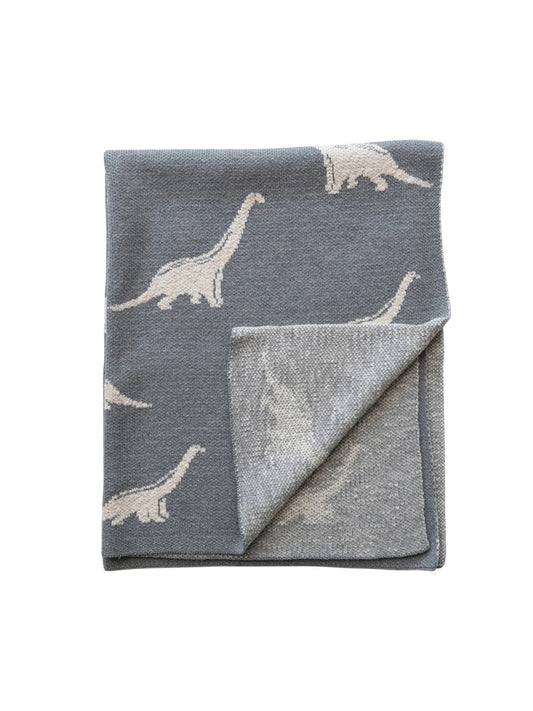 Cotton Knit Baby Blanket with Dinosaurs, Light Grey & Natural