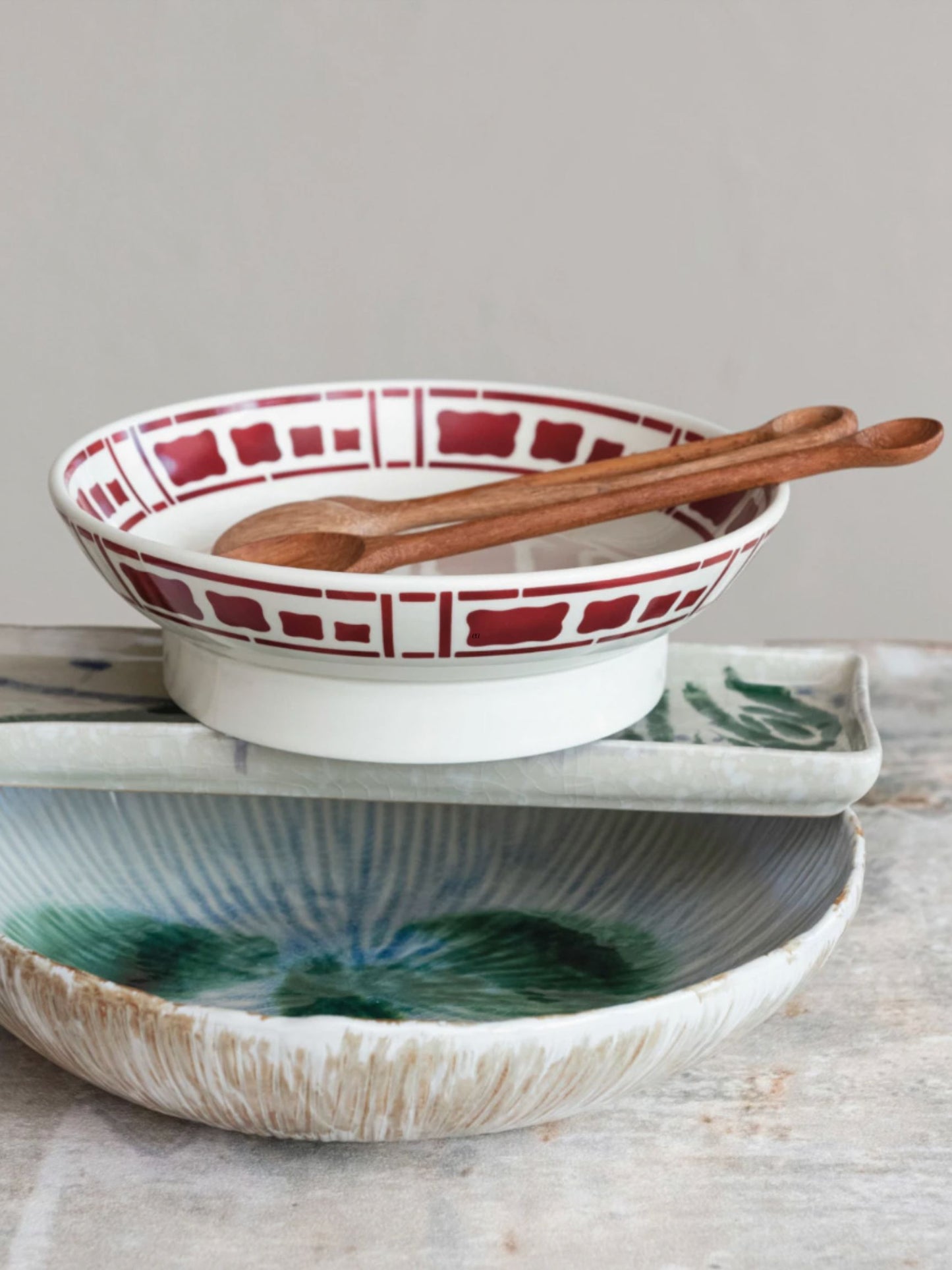 Vintage Reproduction Hand-Painted Stoneware Footed Bowl w/ Pattern