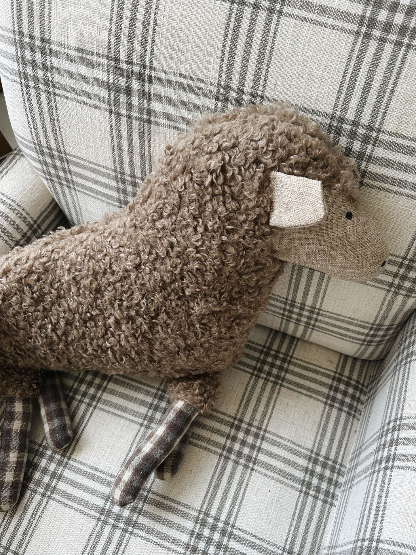 Faux Sherpa Sheep Shaped Pillow with Plaid Pattern