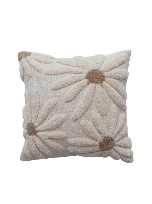 18" Square Cotton Slub Pillow with Tufted Flowers