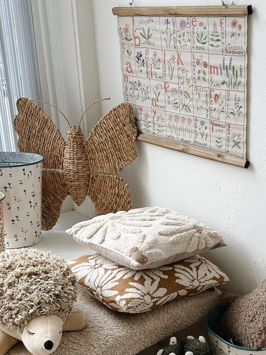 18" Square Cotton Slub Pillow with Tufted Flowers