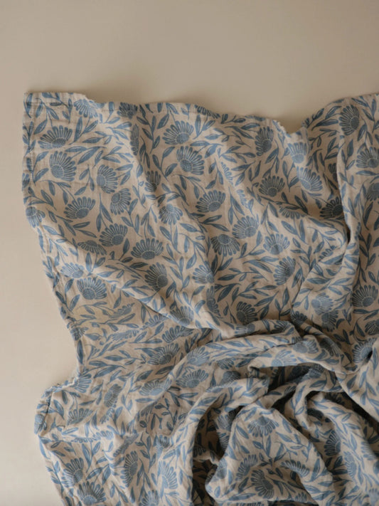 Organic Cotton Muslin Swaddle Blanket - Blue Flowers