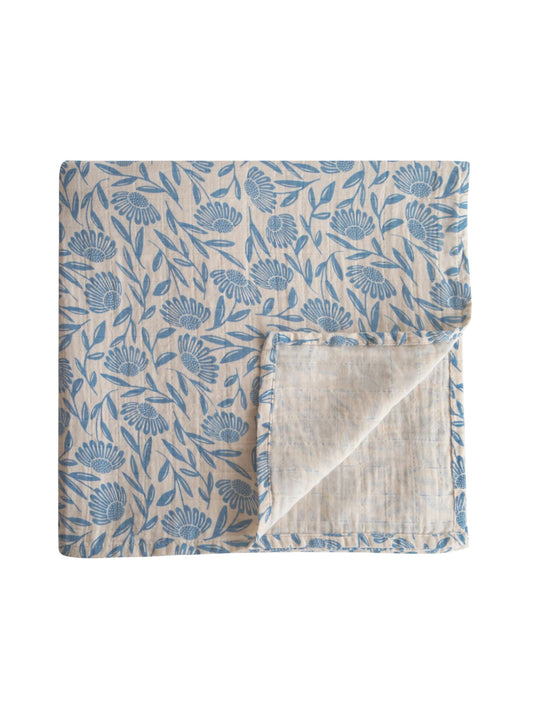 Organic Cotton Muslin Swaddle Blanket - Blue Flowers