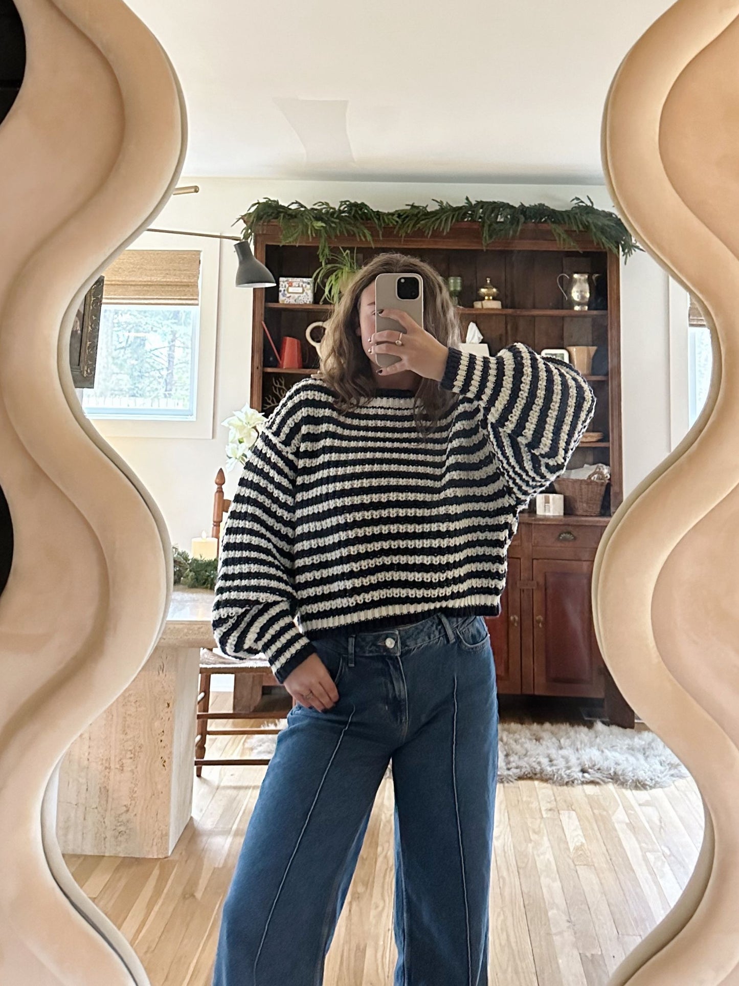 Striped Cropped Knit Sweater - Navy