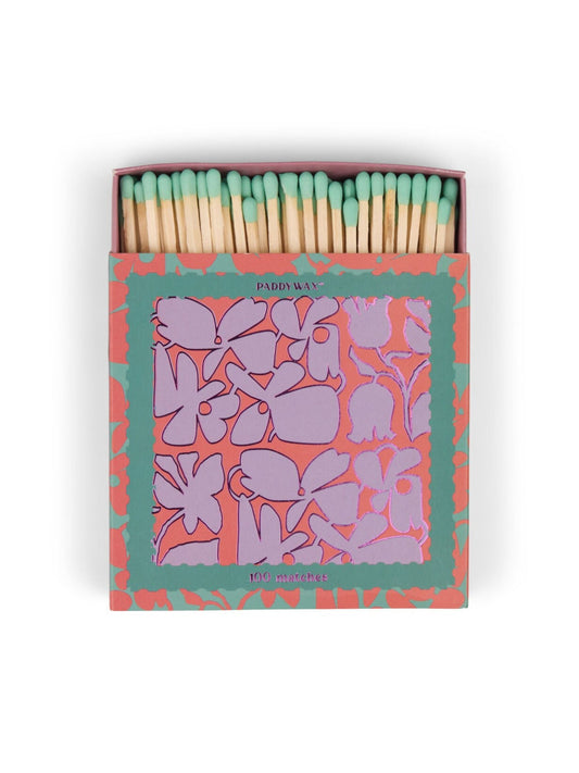 Cabana Boxed Matches With Teal Tips - "Abstract Floral" Set Of 100 Matches