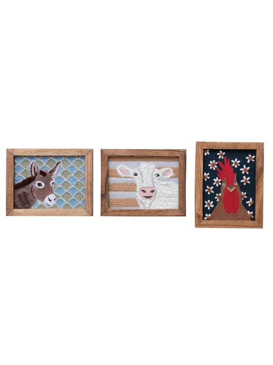 Wood Framed Cotton Embroidered Wall Décor