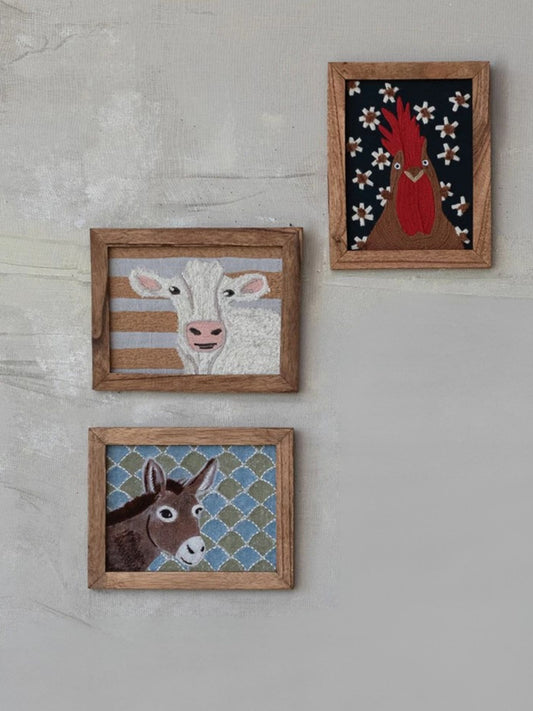 Wood Framed Cotton Embroidered Wall Décor